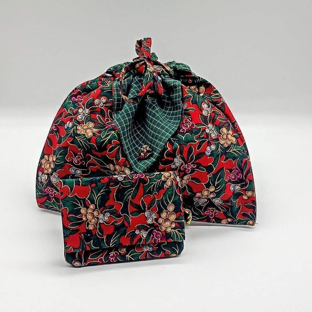 Handmade Holiday Cotton Holly Print Cinch Bag Set